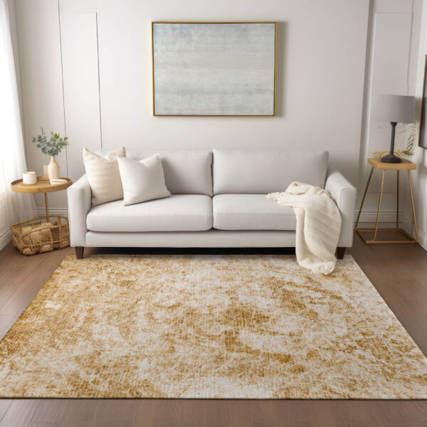 3' X 5' Cream and Gold Abstract Washable Non Skid Indoor Outdoor Area Rug
