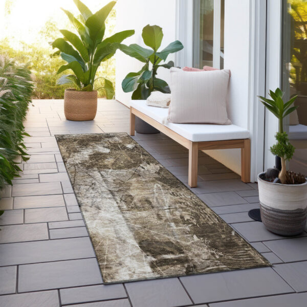 8' Runner Taupe Floral Washable Non Skid Indoor Outdoor Runner Rug