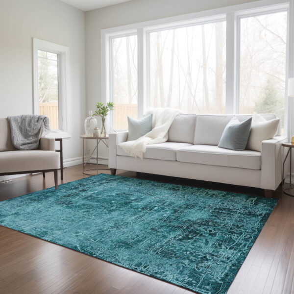 10' X 14' Teal Abstract Washable Non Skid Indoor Outdoor Area Rug
