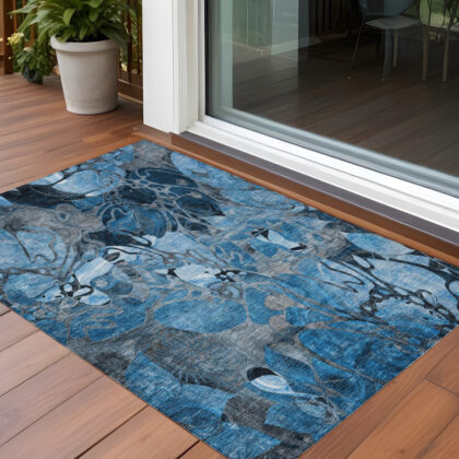 3' X 5' Blue and Gray Abstract Washable Indoor Outdoor Area Rug