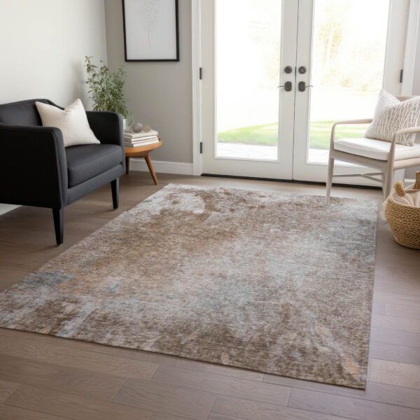 3' X 5' Brown and Off White Abstract Washable Non Skid Indoor Outdoor Area Rug