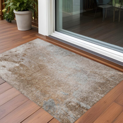 3' X 5' Brown and Off White Abstract Washable Non Skid Indoor Outdoor Area Rug