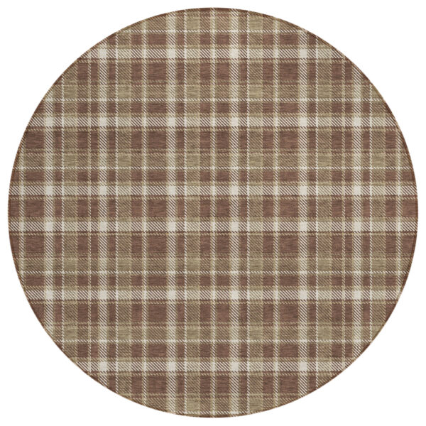 8' Round Chocolate and Ivory Round Plaid Washable Non Skid Indoor Outdoor Area Rug
