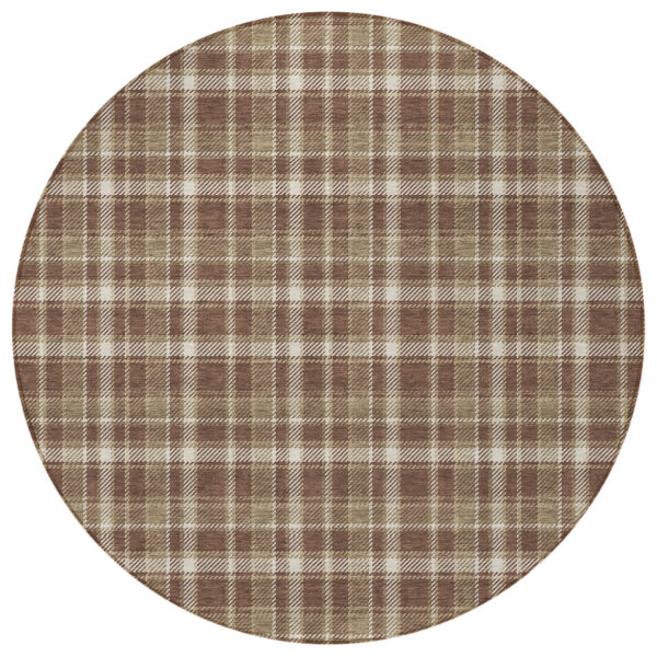 8' Round Chocolate and Ivory Round Plaid Washable Non Skid Indoor Outdoor Area Rug