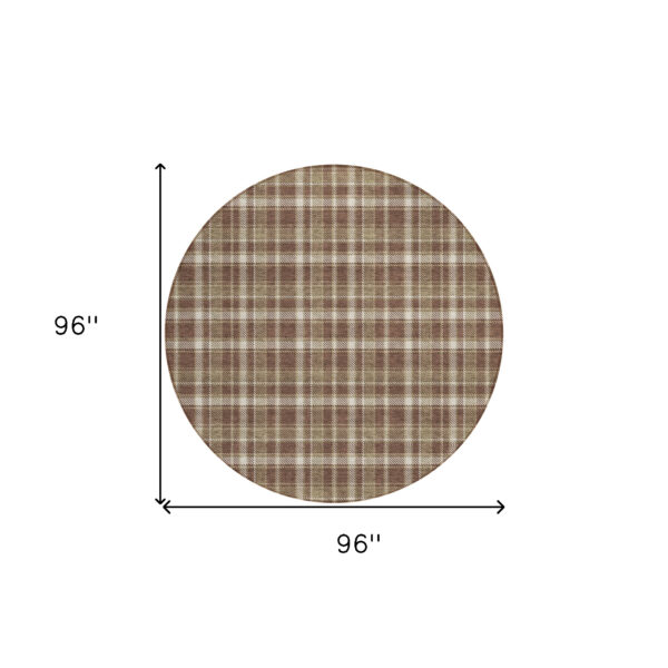 8' Round Chocolate and Ivory Round Plaid Washable Non Skid Indoor Outdoor Area Rug