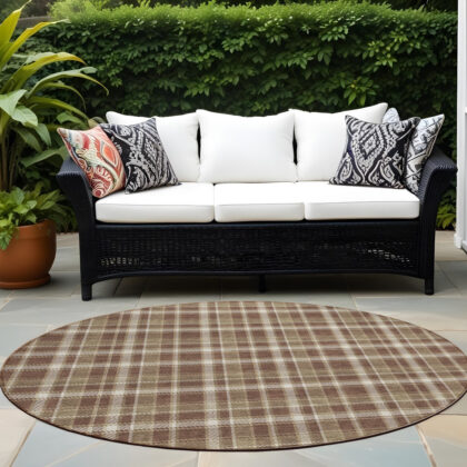 8' Round Chocolate and Ivory Round Plaid Washable Non Skid Indoor Outdoor Area Rug