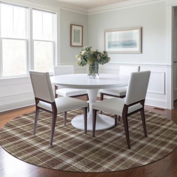 8' Round Chocolate and Ivory Round Plaid Washable Non Skid Indoor Outdoor Area Rug