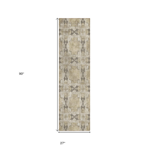 8' Runner Beige and Gray Floral Medallion Washable Non Skid Indoor Outdoor Runner Rug