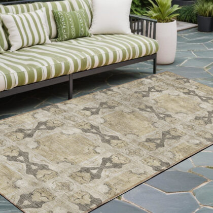 8' Runner Beige and Gray Floral Medallion Washable Non Skid Indoor Outdoor Runner Rug