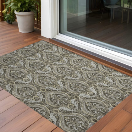 2' X 3' Taupe and Beige Damask Washable Non Skid Indoor Outdoor Area Rug