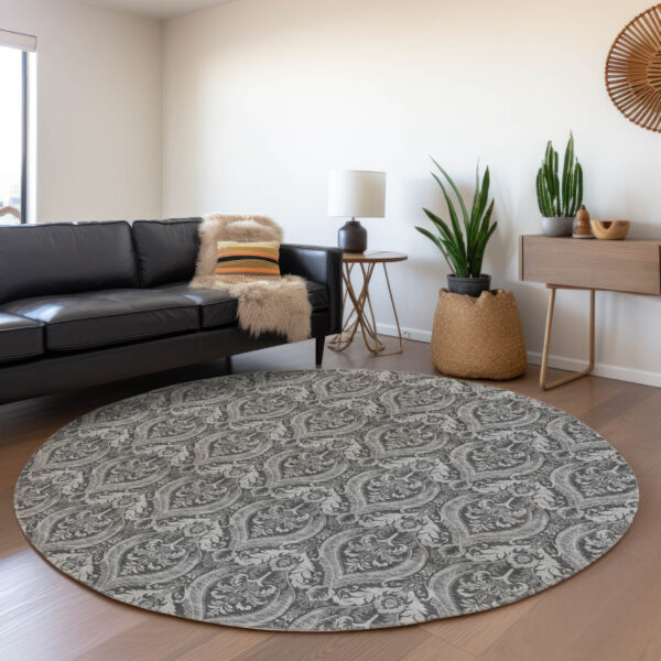 8' Round Gray Round Damask Washable Non Skid Indoor Outdoor Area Rug