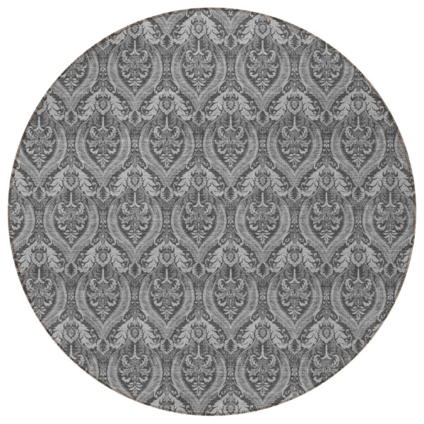 8' Round Gray Round Damask Washable Non Skid Indoor Outdoor Area Rug