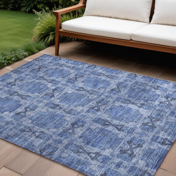 10' X 14' Denim Blue and Gray Floral Medallion Washable Non Skid Indoor Outdoor Area Rug