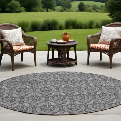 8' Round Gray Round Damask Washable Non Skid Indoor Outdoor Area Rug