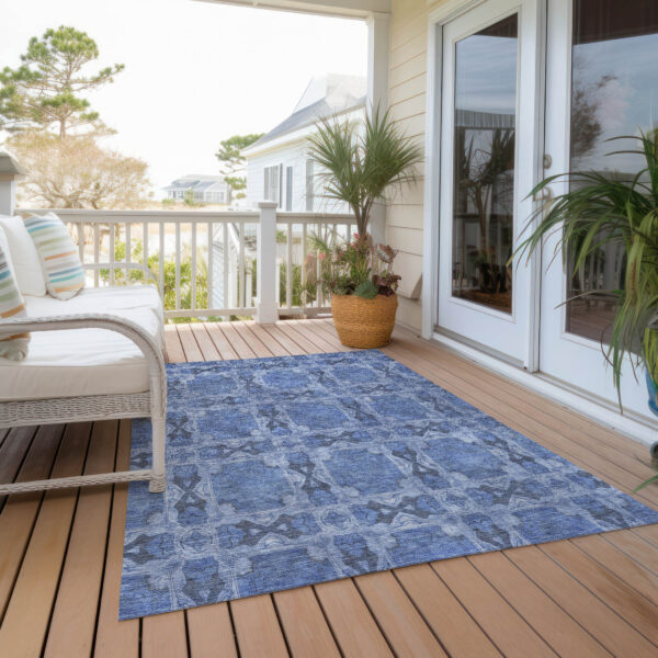10' X 14' Denim Blue and Gray Floral Medallion Washable Non Skid Indoor Outdoor Area Rug