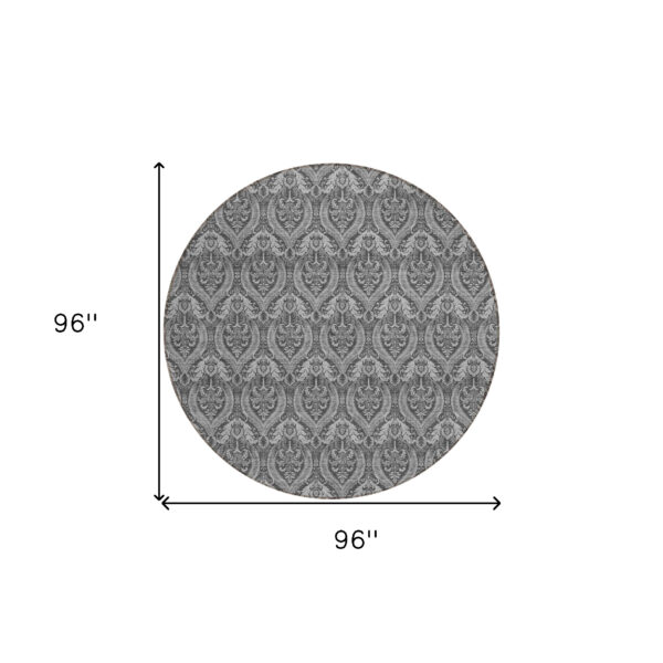 8' Round Gray Round Damask Washable Non Skid Indoor Outdoor Area Rug