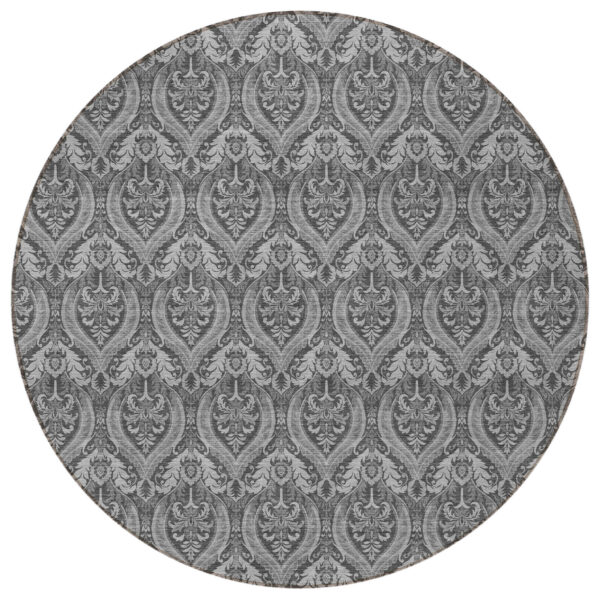 8' Round Gray Round Damask Washable Non Skid Indoor Outdoor Area Rug