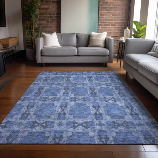10' X 14' Denim Blue and Gray Floral Medallion Washable Non Skid Indoor Outdoor Area Rug