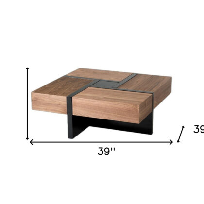 39" Brown and Black and Black Square Coffee Table with Four Drawers