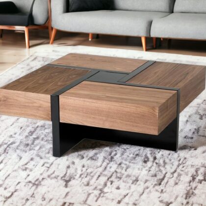 39" Brown and Black and Black Square Coffee Table with Four Drawers