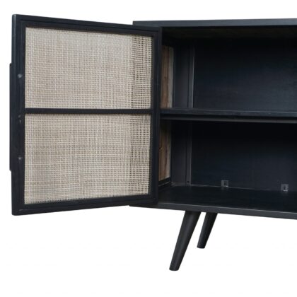 Rustic Black Natural and Rattan Media Cabinet with Three Doors