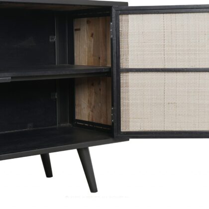 Rustic Black Natural and Rattan Media Cabinet with Three Doors