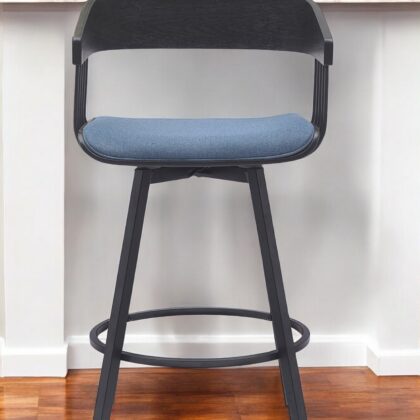 27" Blue and Black Fabric with Metal Swivel Counter Height Bar Chair