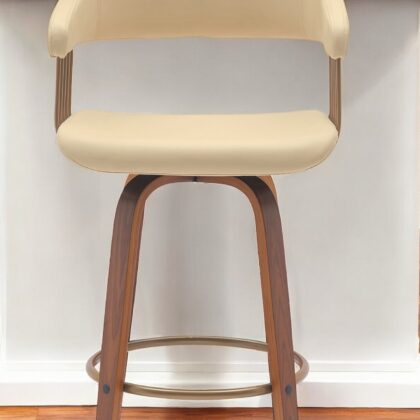 26" Cream And Wood Brown Faux Leather Swivel Counter Height Bar Chair