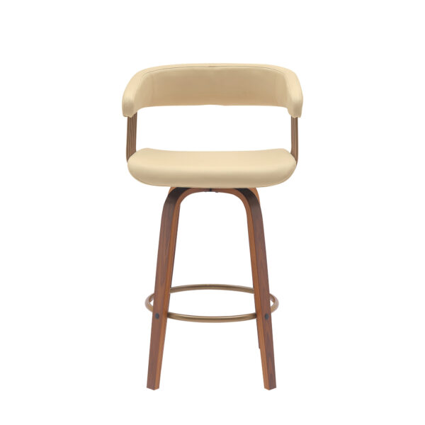 26" Cream And Wood Brown Faux Leather Swivel Counter Height Bar Chair