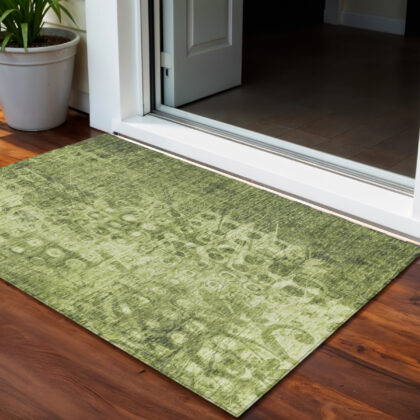 3' X 5' Olive Green Ikat Washable Indoor Outdoor Area Rug