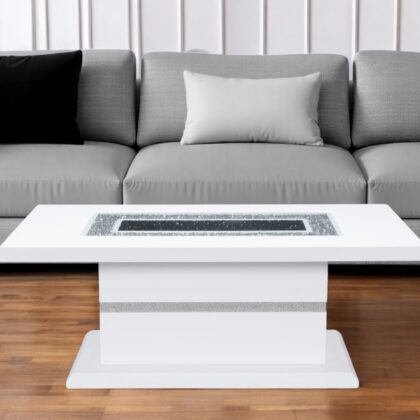 52" White Wood And Faux Crystal Pedestal Coffee Table