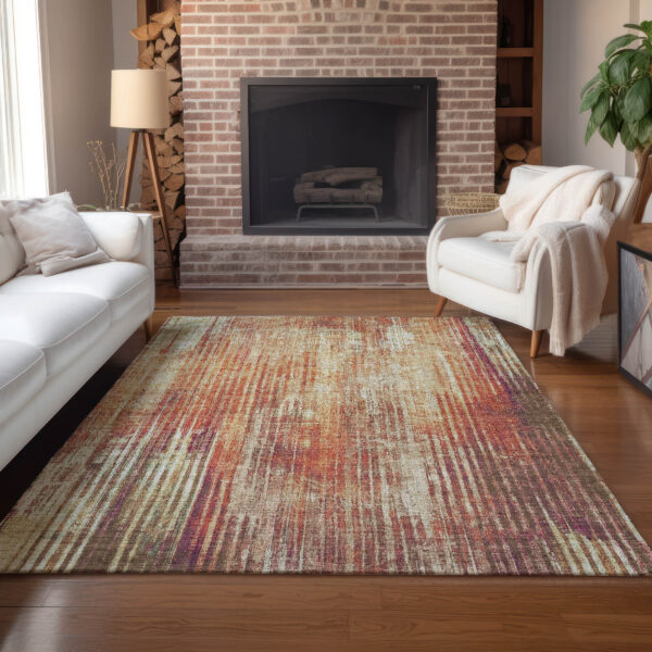 8' X 10' Orange Beige And Taupe Striped Washable Indoor Outdoor Area Rug