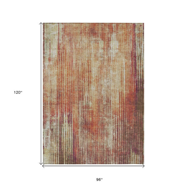 8' X 10' Orange Beige And Taupe Striped Washable Indoor Outdoor Area Rug