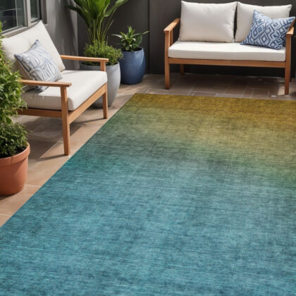 5' X 8' Brown Blue And Taupe Ombre Washable Indoor Outdoor Area Rug