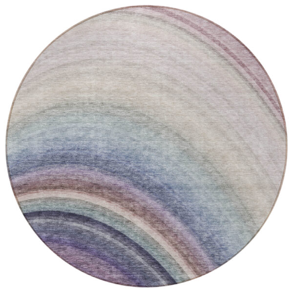 8' Beige Purple And Ivory Round Abstract Washable Indoor Outdoor Area Rug