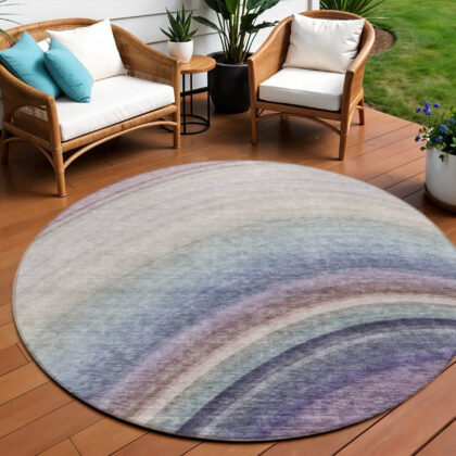 8' Beige Purple And Ivory Round Abstract Washable Indoor Outdoor Area Rug