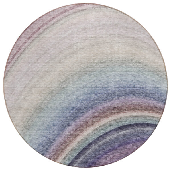 8' Beige Purple And Ivory Round Abstract Washable Indoor Outdoor Area Rug