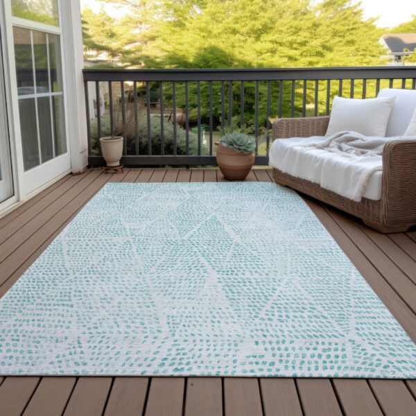 10' X 14' Aqua And Ivory Geometric Washable Indoor Outdoor Area Rug