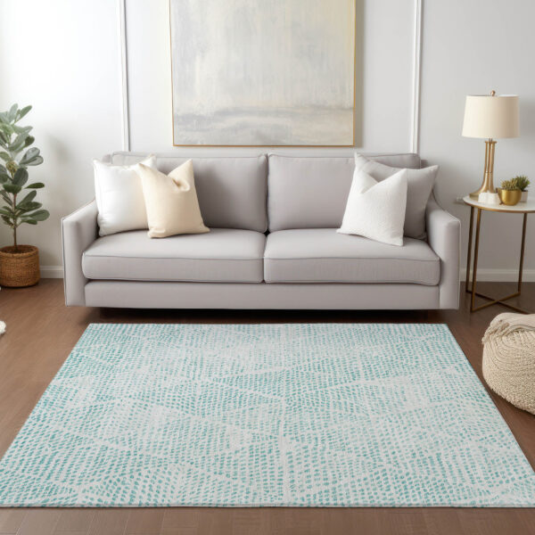 8' X 10' Aqua And Ivory Geometric Washable Indoor Outdoor Area Rug