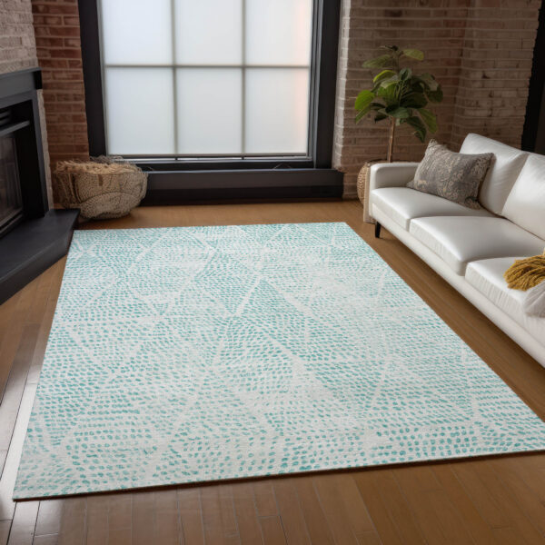 10' X 14' Aqua And Ivory Geometric Washable Indoor Outdoor Area Rug