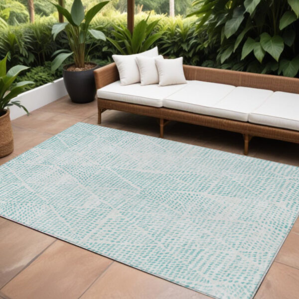 8' X 10' Aqua And Ivory Geometric Washable Indoor Outdoor Area Rug