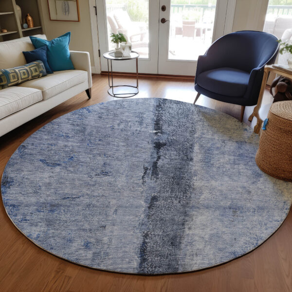 8' Denim Blue And Navy Blue Round Abstract Washable Indoor Outdoor Area Rug