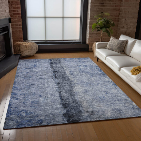 3' X 5' Denim Blue And Navy Blue Abstract Washable Indoor Outdoor Area Rug
