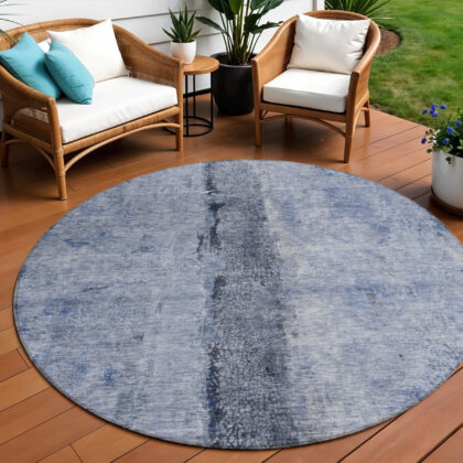 8' Denim Blue And Navy Blue Round Abstract Washable Indoor Outdoor Area Rug