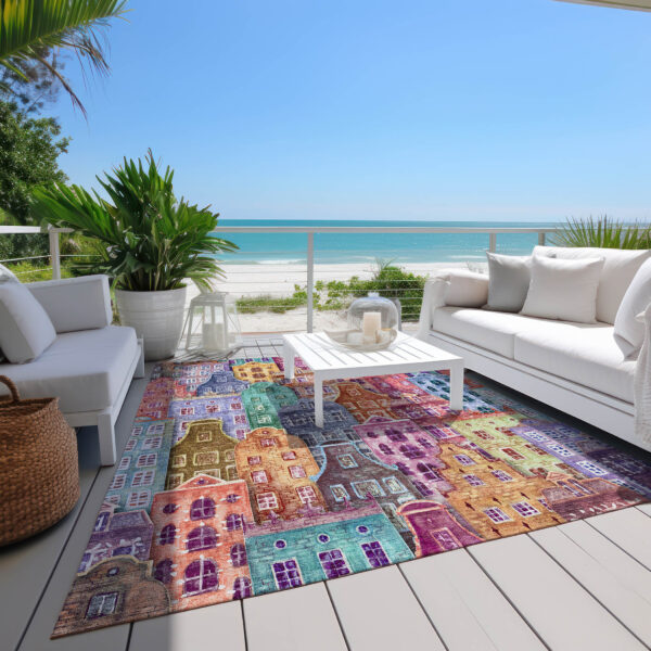 3' X 5' Red Gold And Teal Blue Village Houses Washable Indoor Outdoor Area Rug