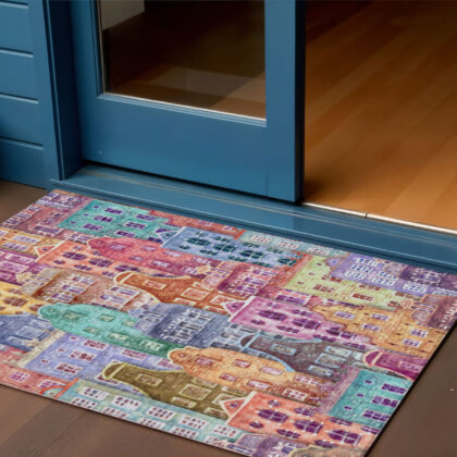 3' X 5' Red Gold And Teal Blue Village Houses Washable Indoor Outdoor Area Rug