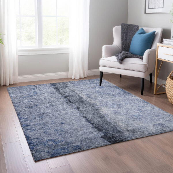 3' X 5' Denim Blue And Navy Blue Abstract Washable Indoor Outdoor Area Rug