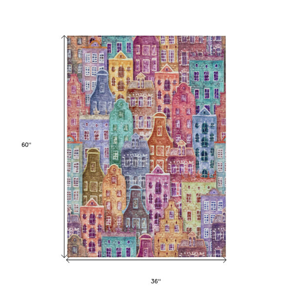 3' X 5' Red Gold And Teal Blue Village Houses Washable Indoor Outdoor Area Rug