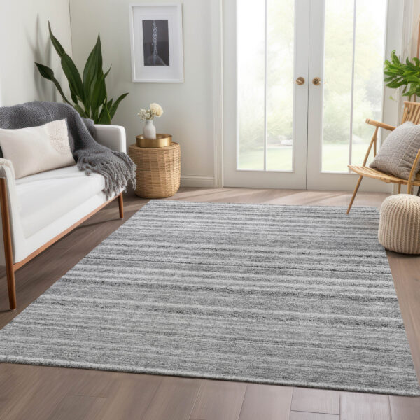 10' X 14' Gray Silver And Charcoal Striped Washable Indoor Outdoor Area Rug