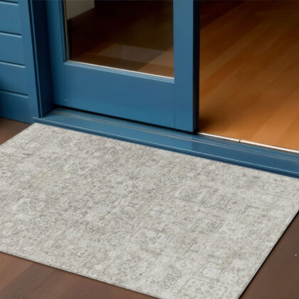 3' X 5' Taupe Beige And Gray Floral Washable Indoor Outdoor Area Rug